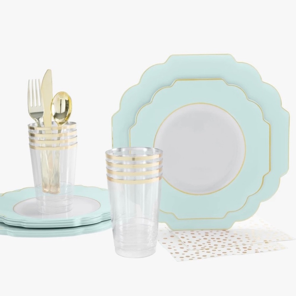 NWT - Laura Ashley Party Set. Baby Blue & Gold.